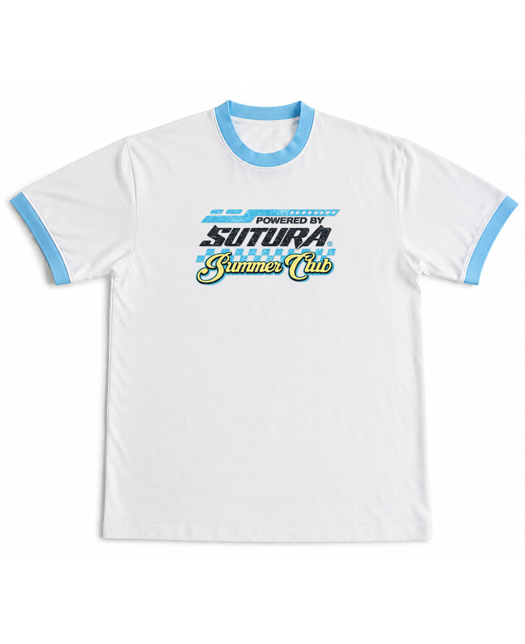 White & Sky Blue Ringer tee Front Design